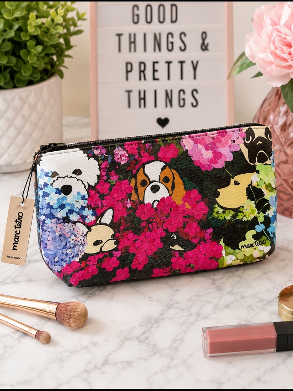 NWT Marc Tetro Dog & Floral Print Cosmetic Makeup Bag Pouch